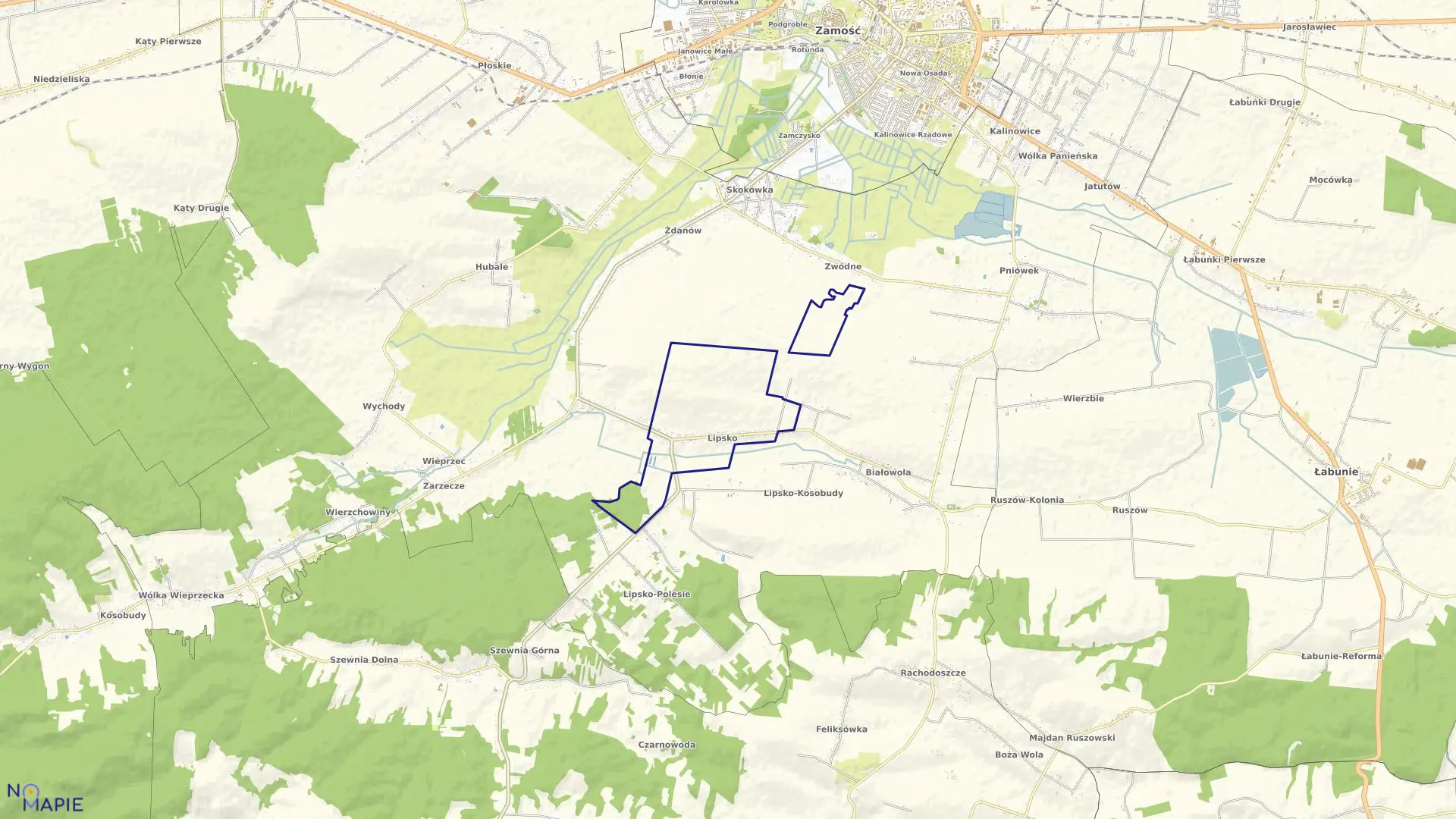 Mapa obrębu Lipsko w gminie Zamość