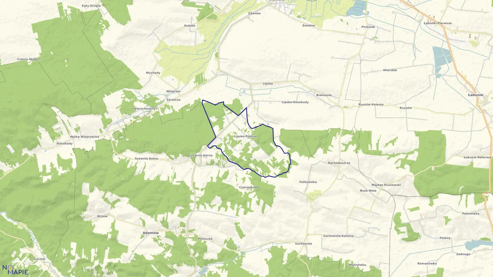 Mapa obrębu Lipsko Polesie w gminie Zamość