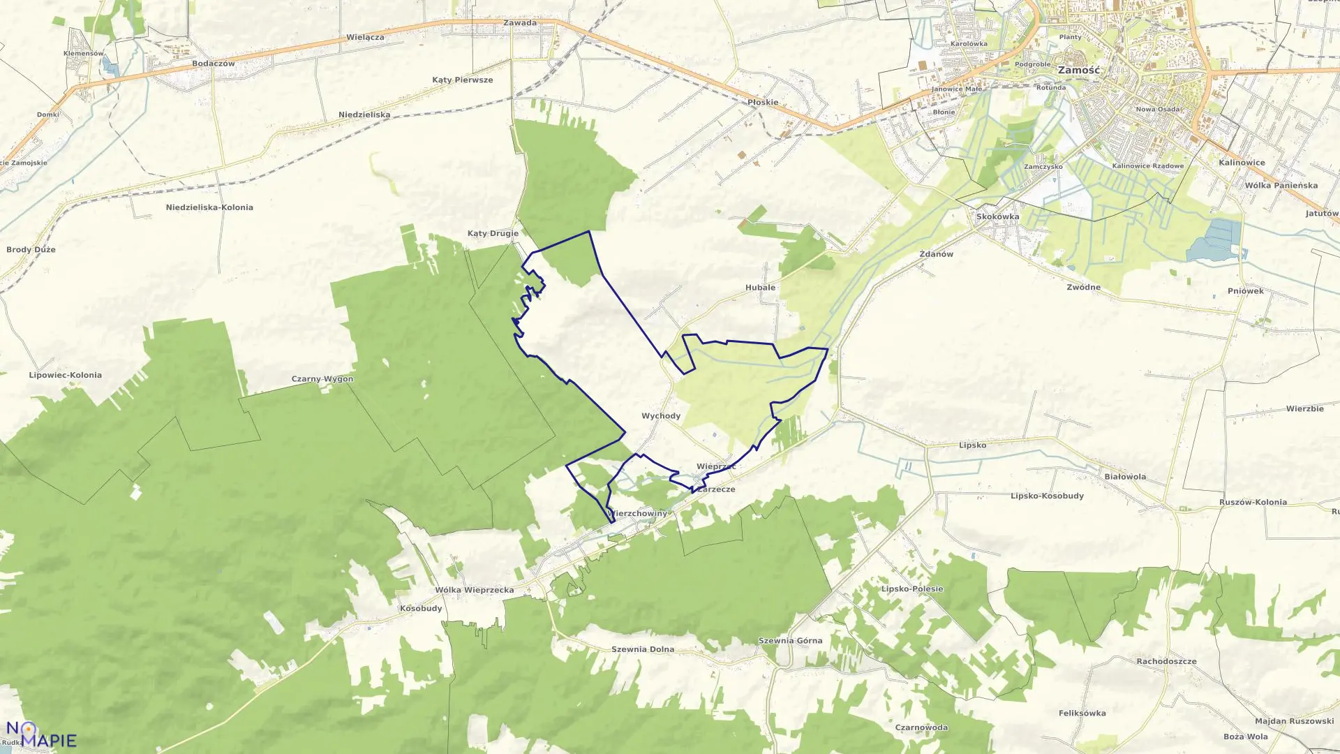 Mapa obrębu Wieprzec Wychody w gminie Zamość