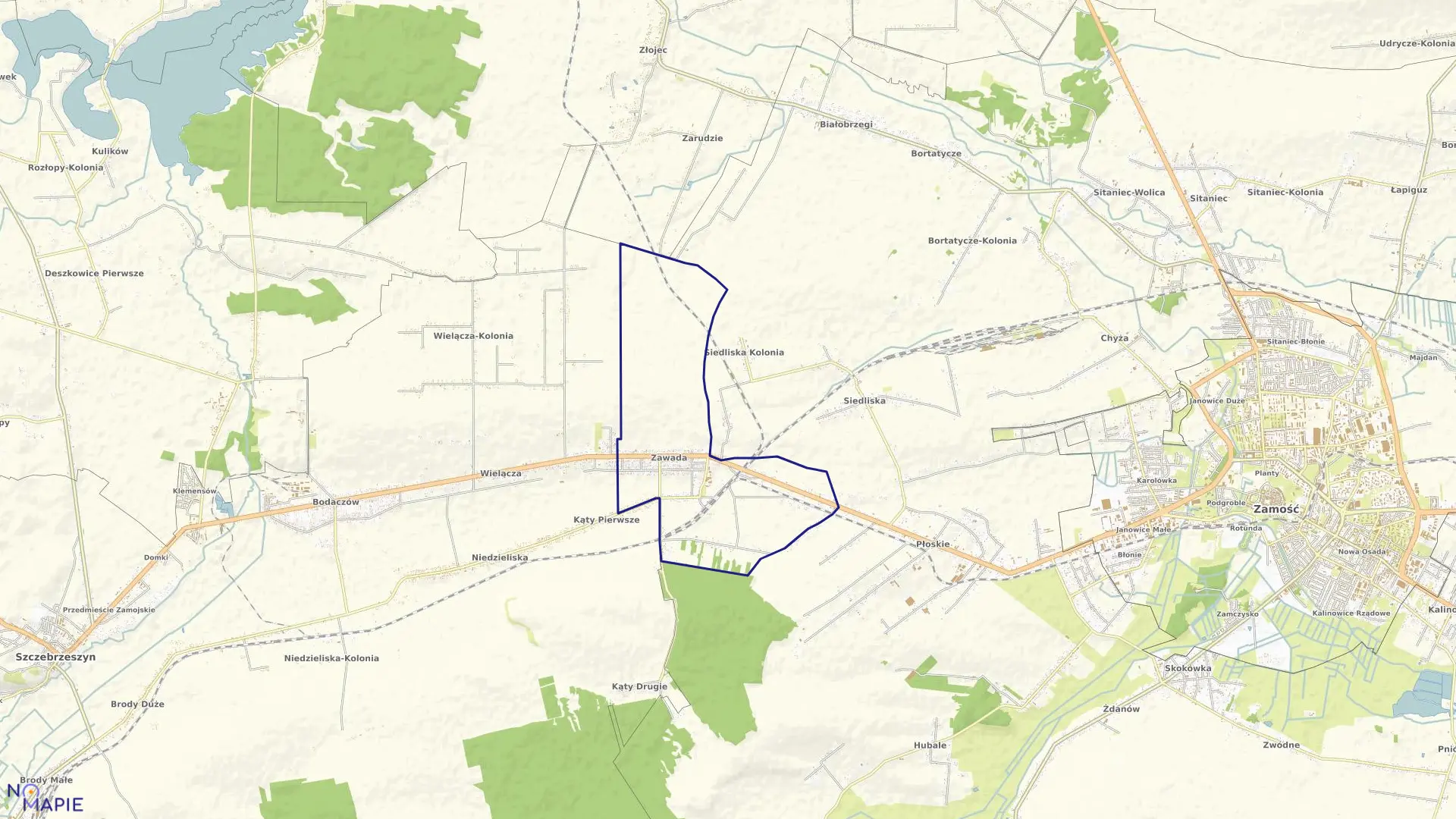 Mapa obrębu Zawada w gminie Zamość